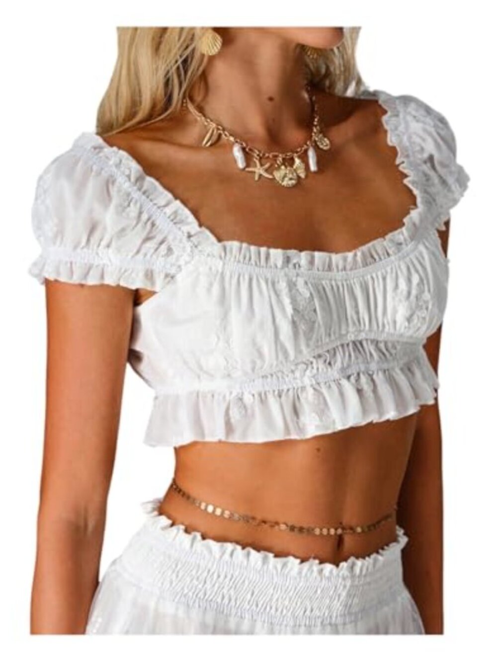Embroidery Puff Sleeve Cropped Blouse Frill Trim Cute Top